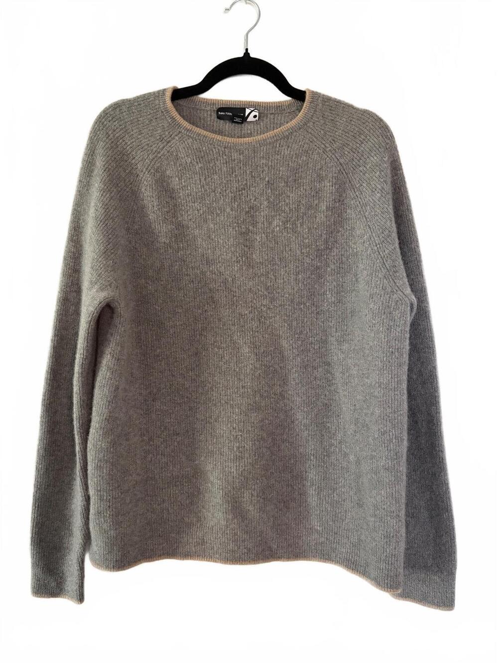 Saks Fifth Avenue 100% Cashmere Sweater Gray Crew Neck Pullover Rib Knit Raglan